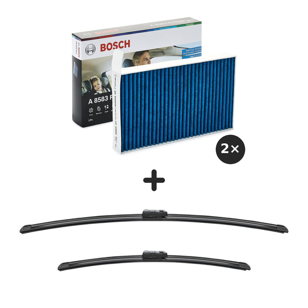 Service-Set: 2 BOSCH Innenraumfilter und BOSCH Aerotwin Scheibenwischer