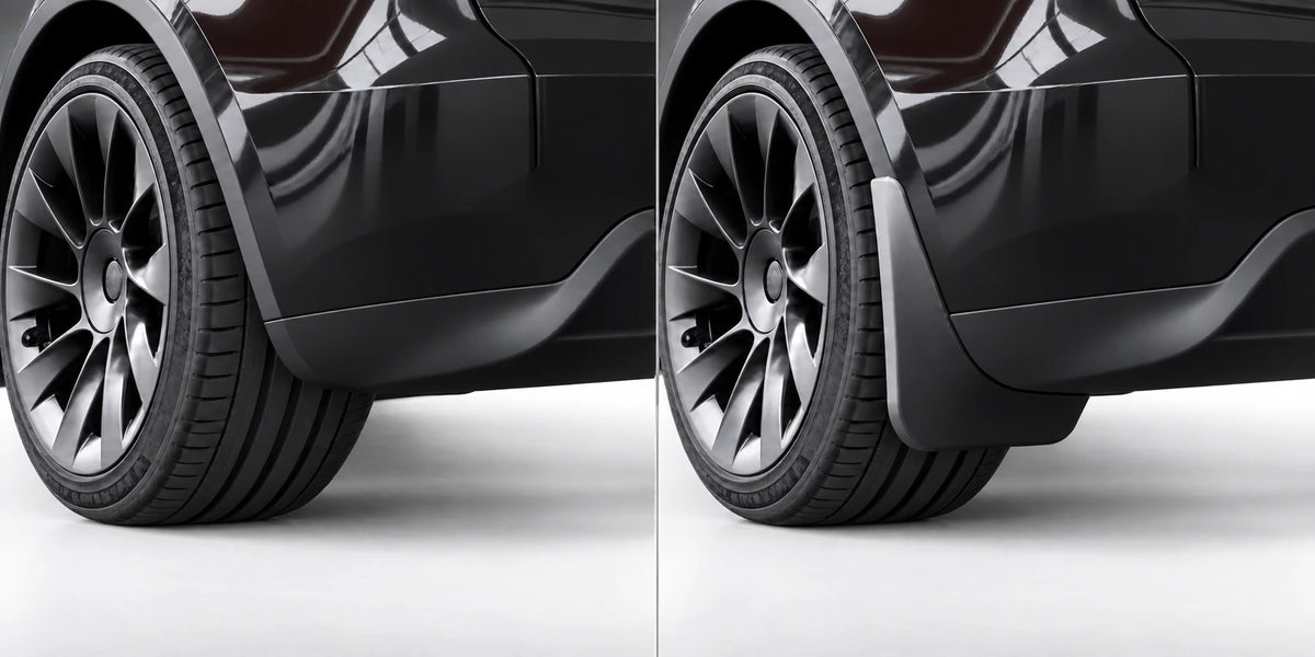 Vorher-Nachher: Hinterrad des Tesla Model Y ohne und mit Mudflap