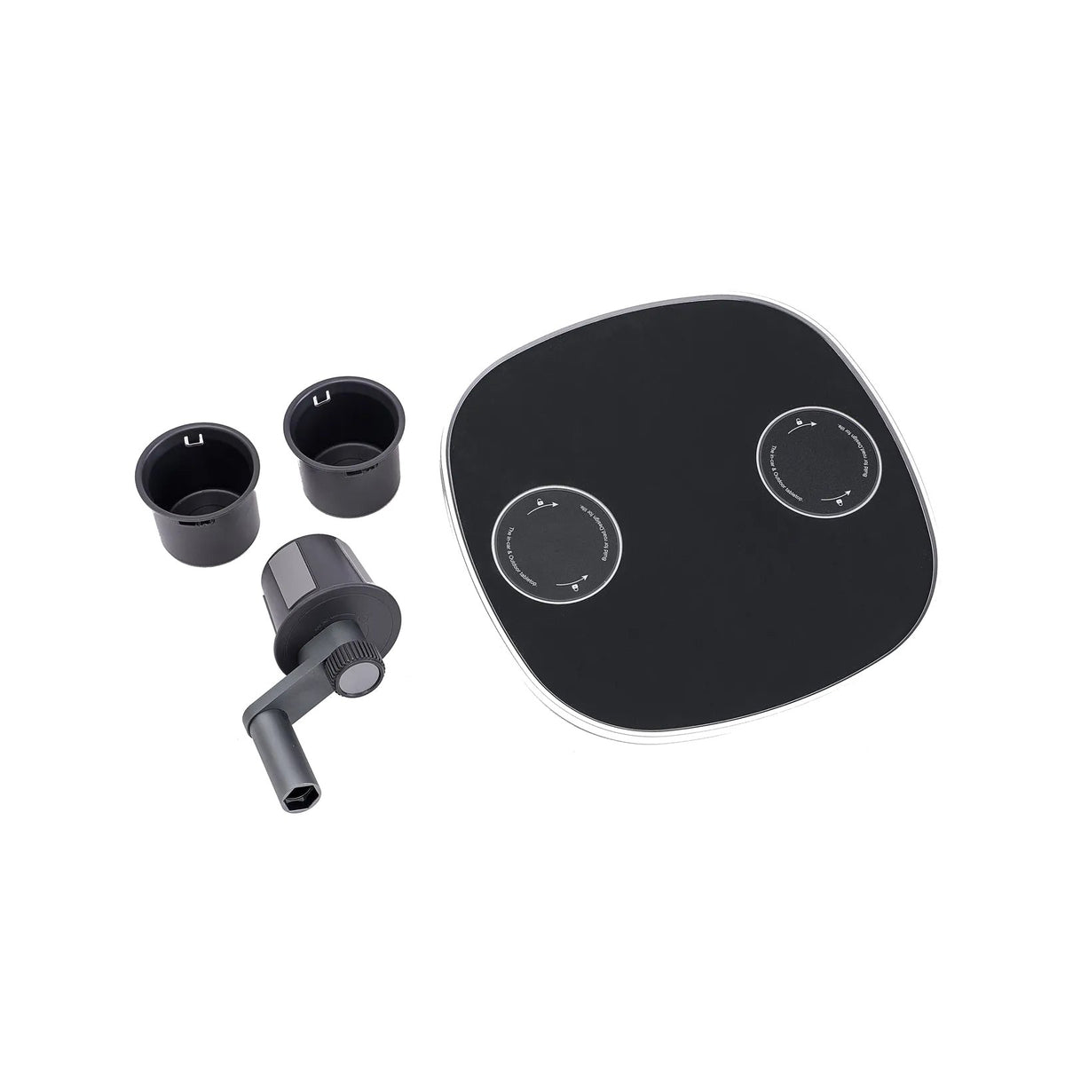 Lieferumfang MebaHeart Car Table Schwarz: Tischplatte, Cupholder-Basis, Getränkehalter-Einsätze